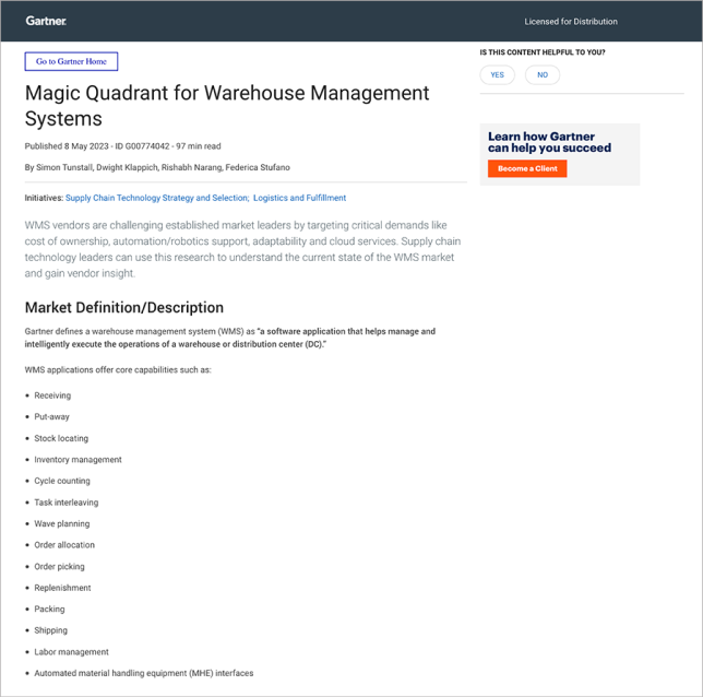 Gartner 魔力象限 WMS 仓储管理系统分析师报告 Infor